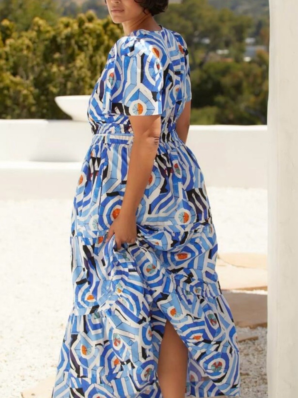 Somerset Blue Geometric Cotton Maxi Dress with Pockets